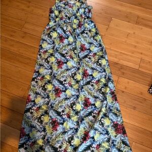 Tropical Print Maxi Dress - Blue, Yellow, Pink Floral